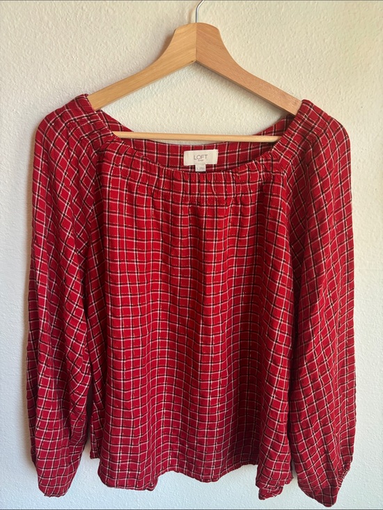 LOFT Tops - LOFT Flowy Red Plaid Blouse Workwear Large